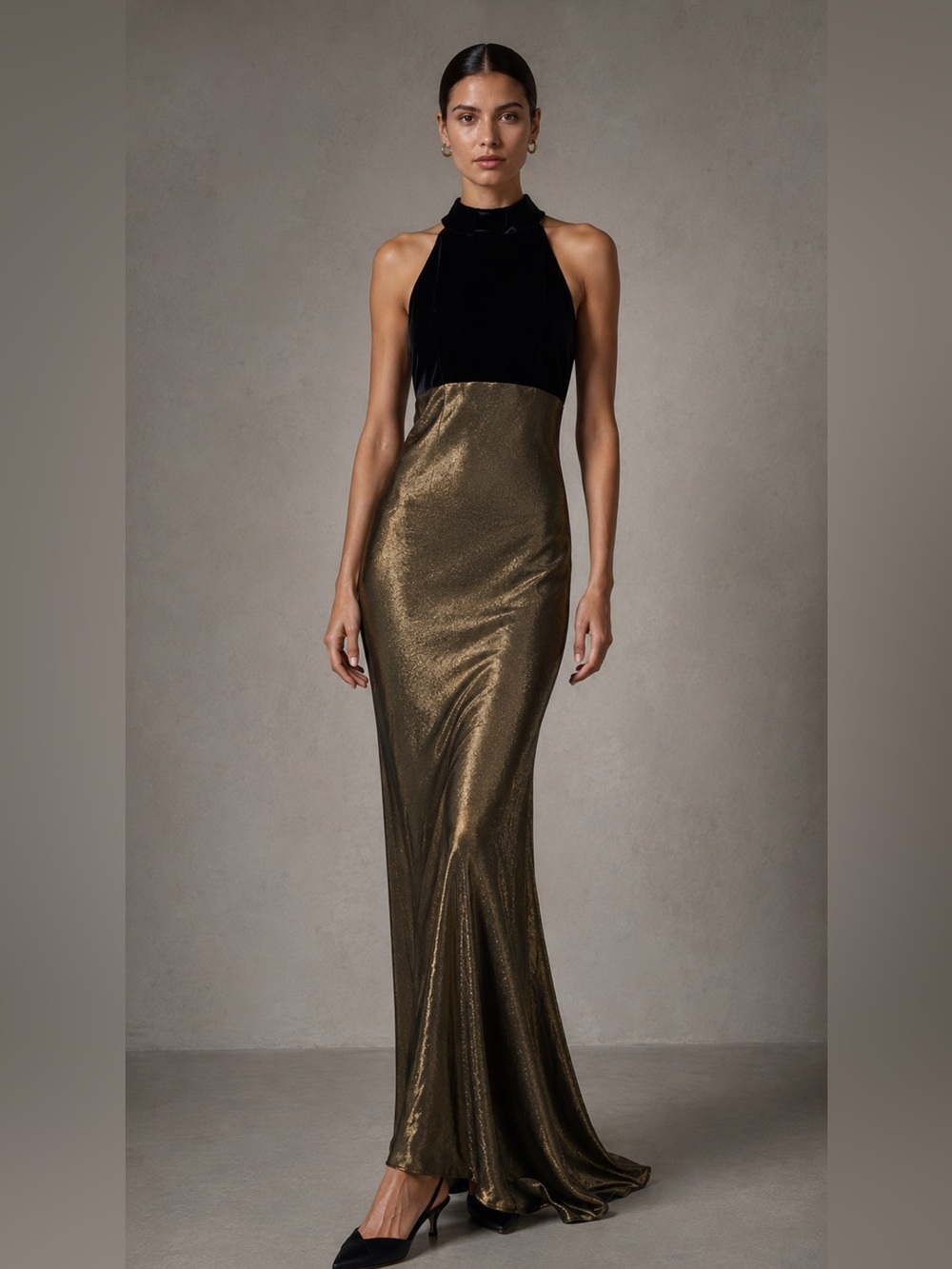 Vintage Roberta 90s Gold Lamé Bias Cut Velvet Halter Maxi Gown 9/10